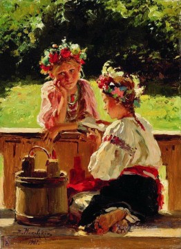 印象派 Painting - 太陽に照らされた少女たち 1901 ウラジミール・マコフスキー 子供 子供